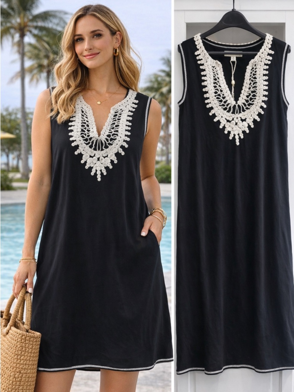 Max Studio NWOT Boho Black Swim Cover Up Shift Dress White Crochet detail Small